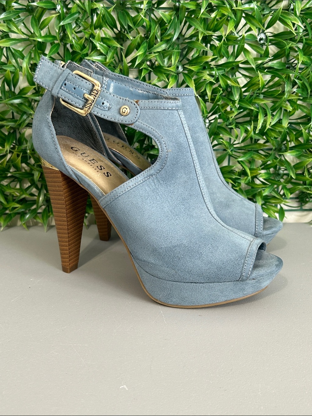 GUESS Light Blue Suede Peep-Toe Platform Heels